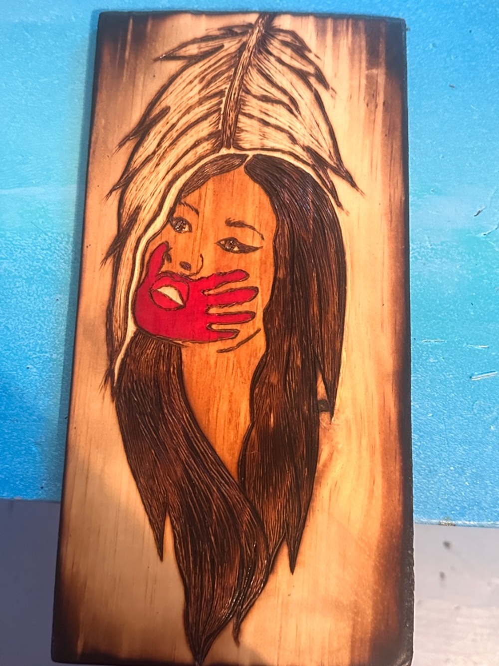 Hand Crafted Woodburned Portrait Panel with Red Accent